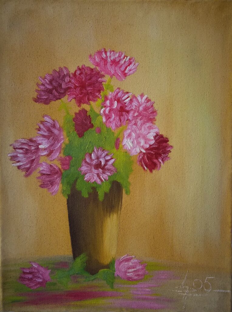Huile sur toile fleurs vase chrysanthèmes rouges