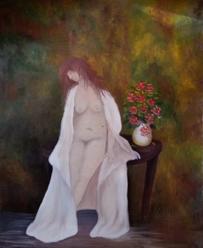 Huile sur toile nude femme vase de fleurs
