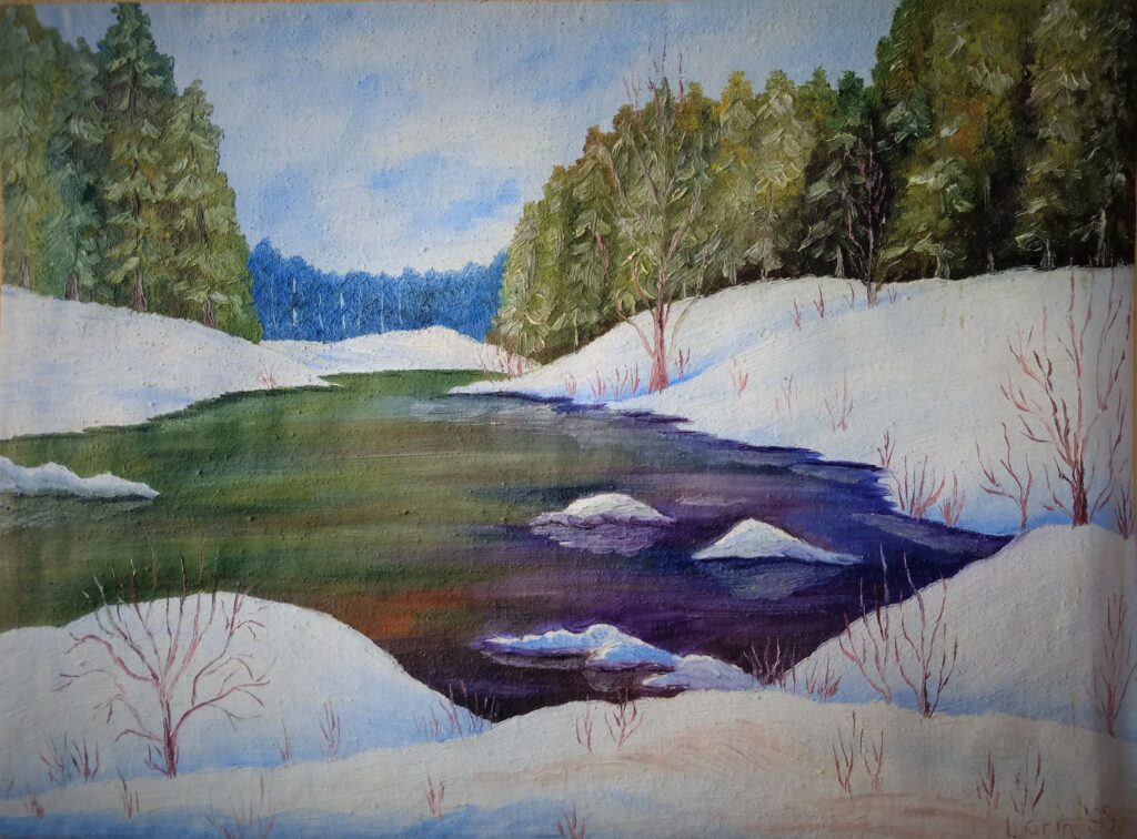 Huile sur toile paysage hiver forêt rivière gelée 