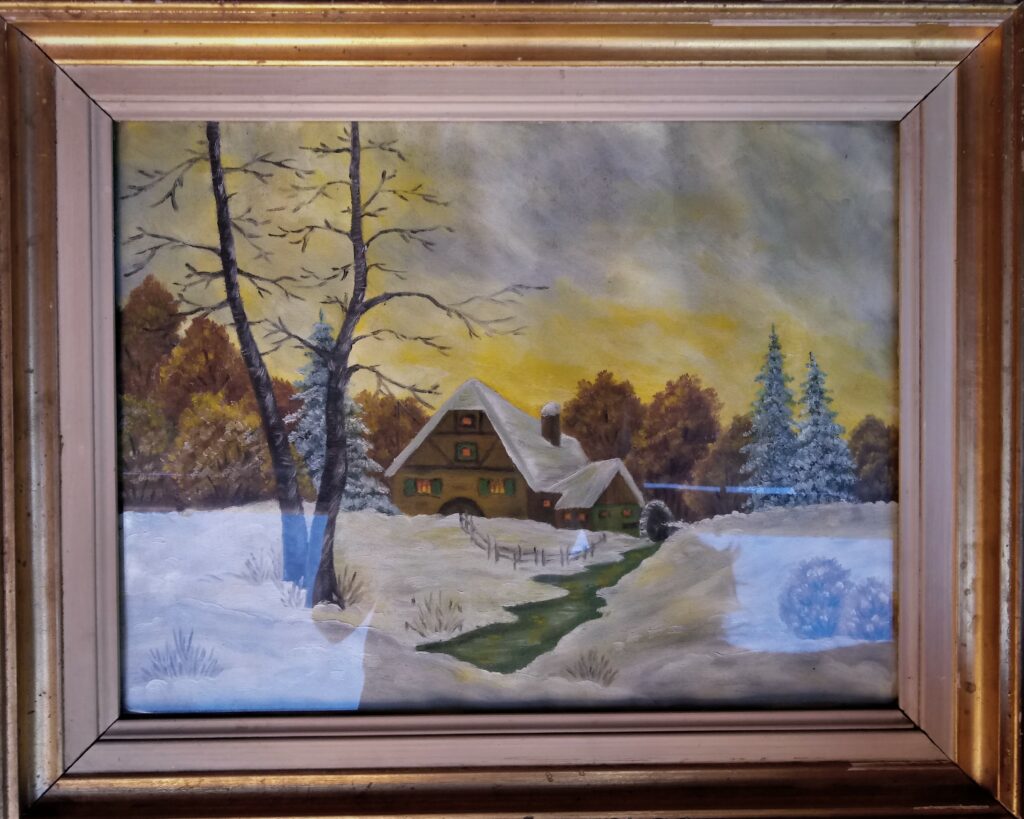 Huile sur toile paysage hiver maison