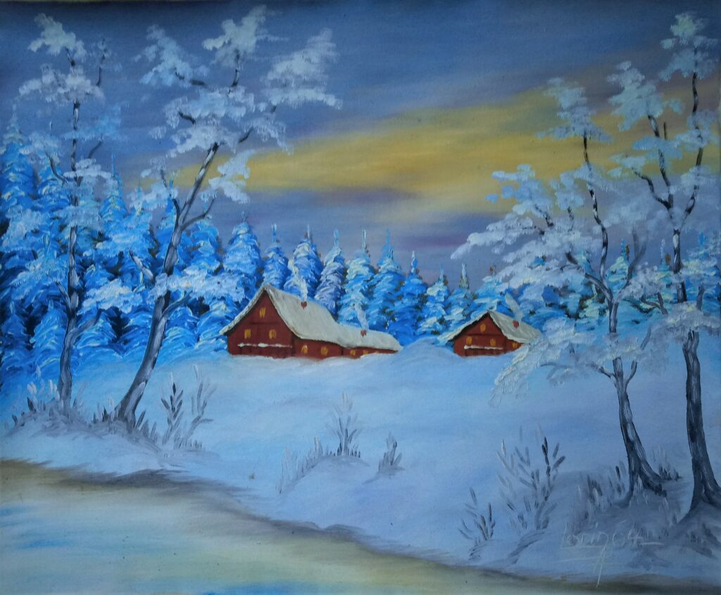 Huile sur toile paysage hiver maison au bord de la rivière 