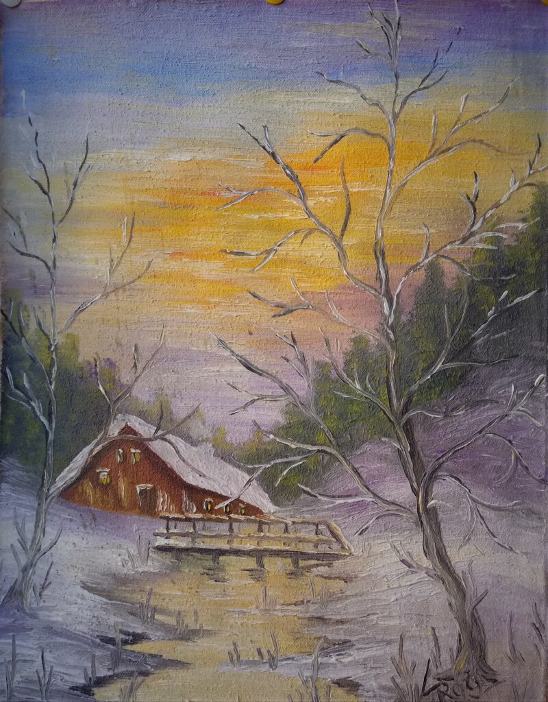 Huile sur toile paysage hiver maison au bord de la rivière 