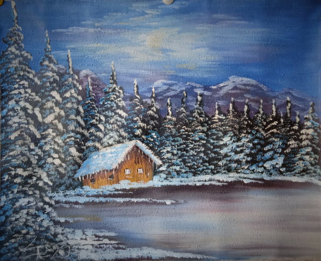 Huile sur toile paysage hiver maison au bord du lac