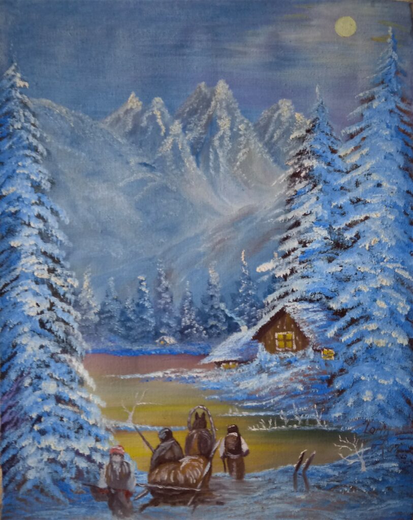 Huile sur toile paysage hiver maison au bord du lac 2