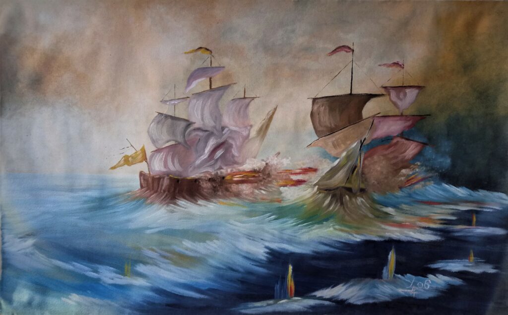Huile sur toile paysage marin orage bateaux