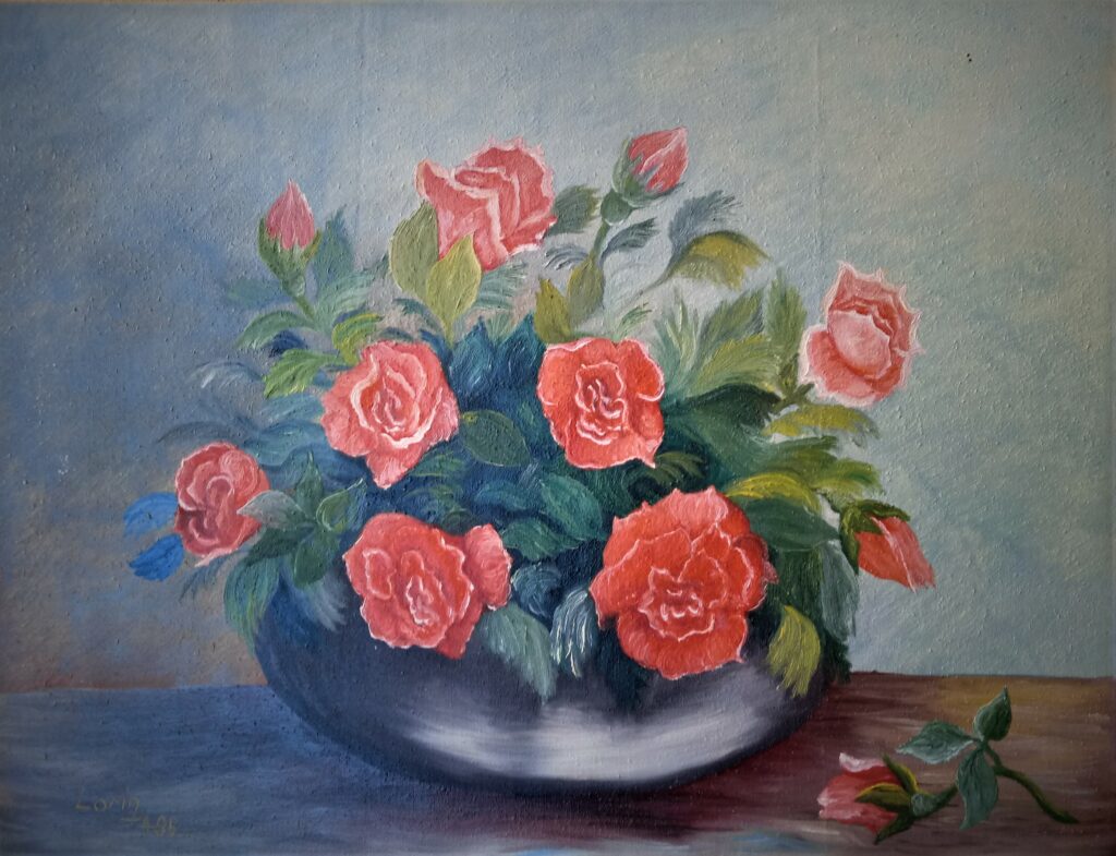 Huile sur toile vase roses rouges