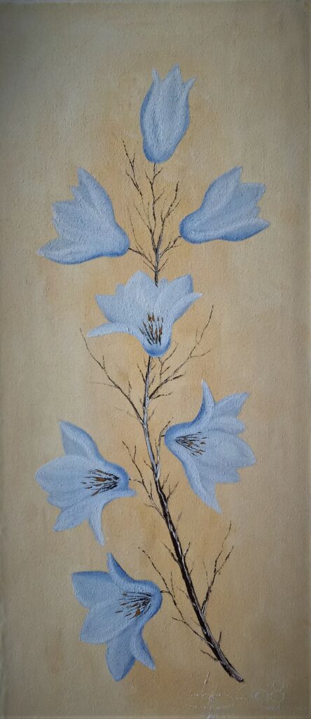 Huile sur toile branche fleurs bleues
