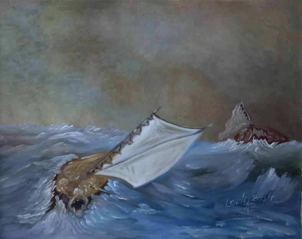Huile sur toile paysage marin orage bateaux 