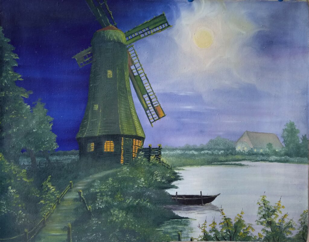 Huile sur toile paysage moulin à vent lune