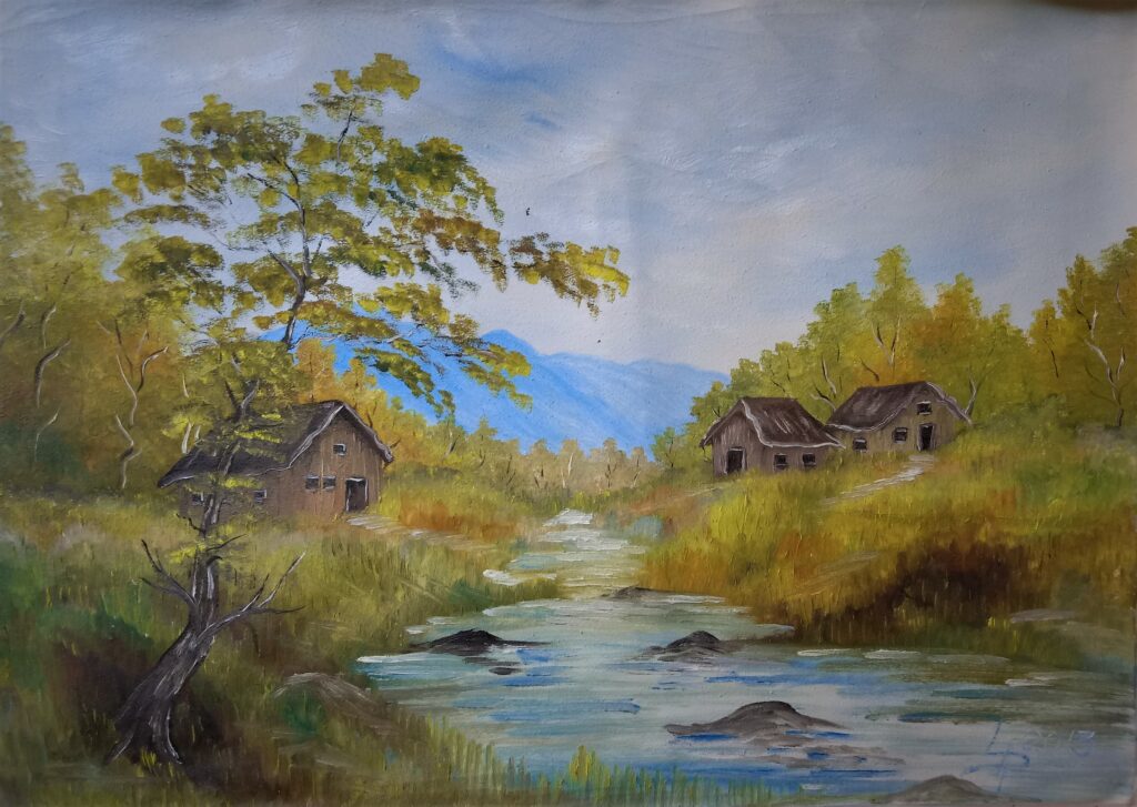 Huile sur toile paysage nature maisons au bord de la rivière 