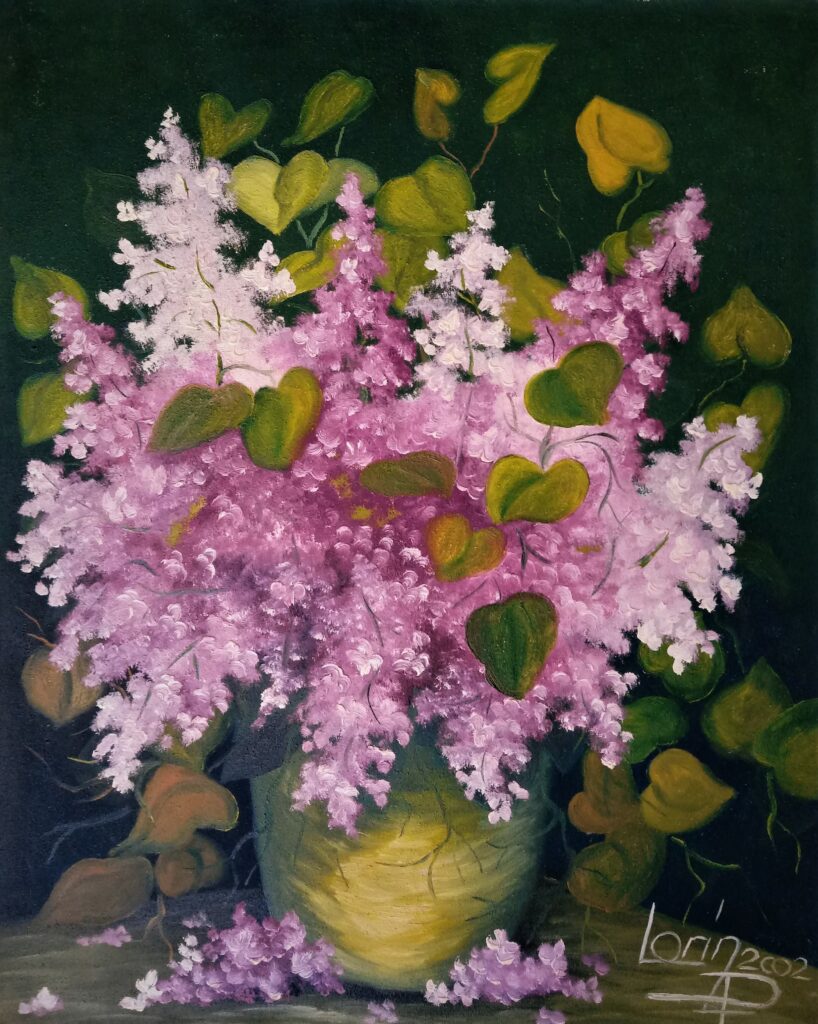 Huile sur toile vase fleurs de lilas 