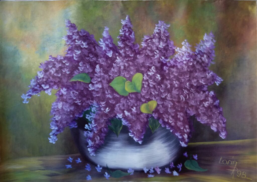 Huile sur toile vase fleurs de lilas violet