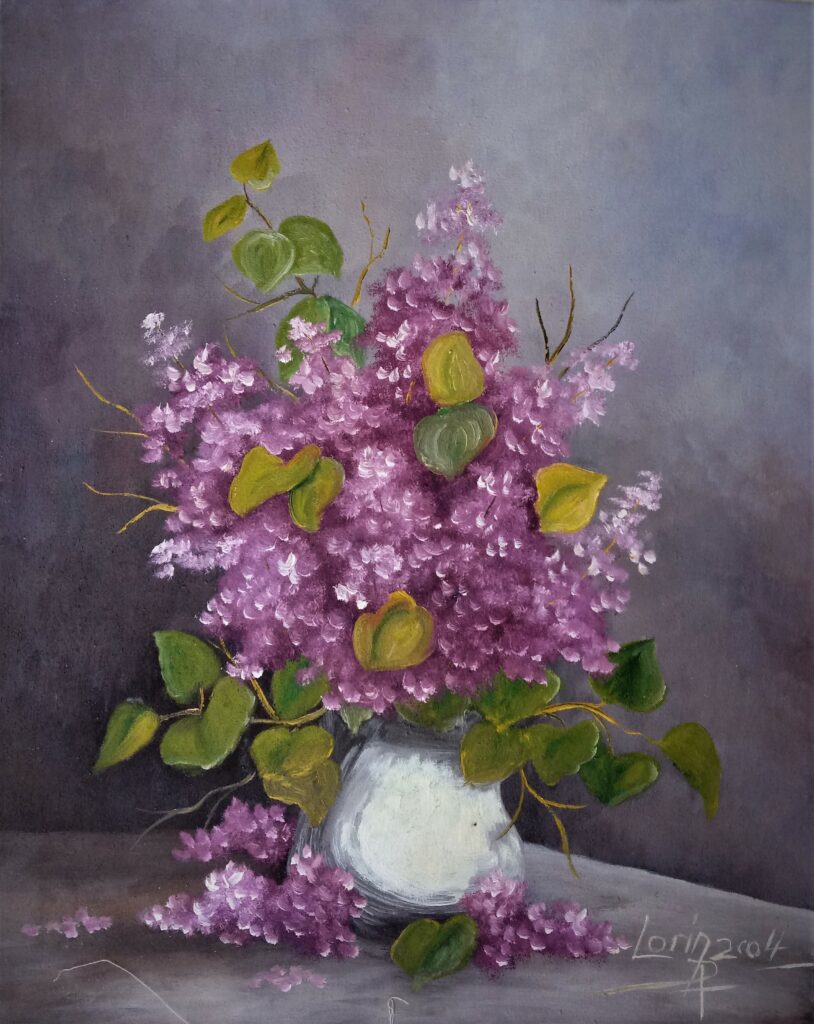 Huile sur toile vase fleurs de lilas violet