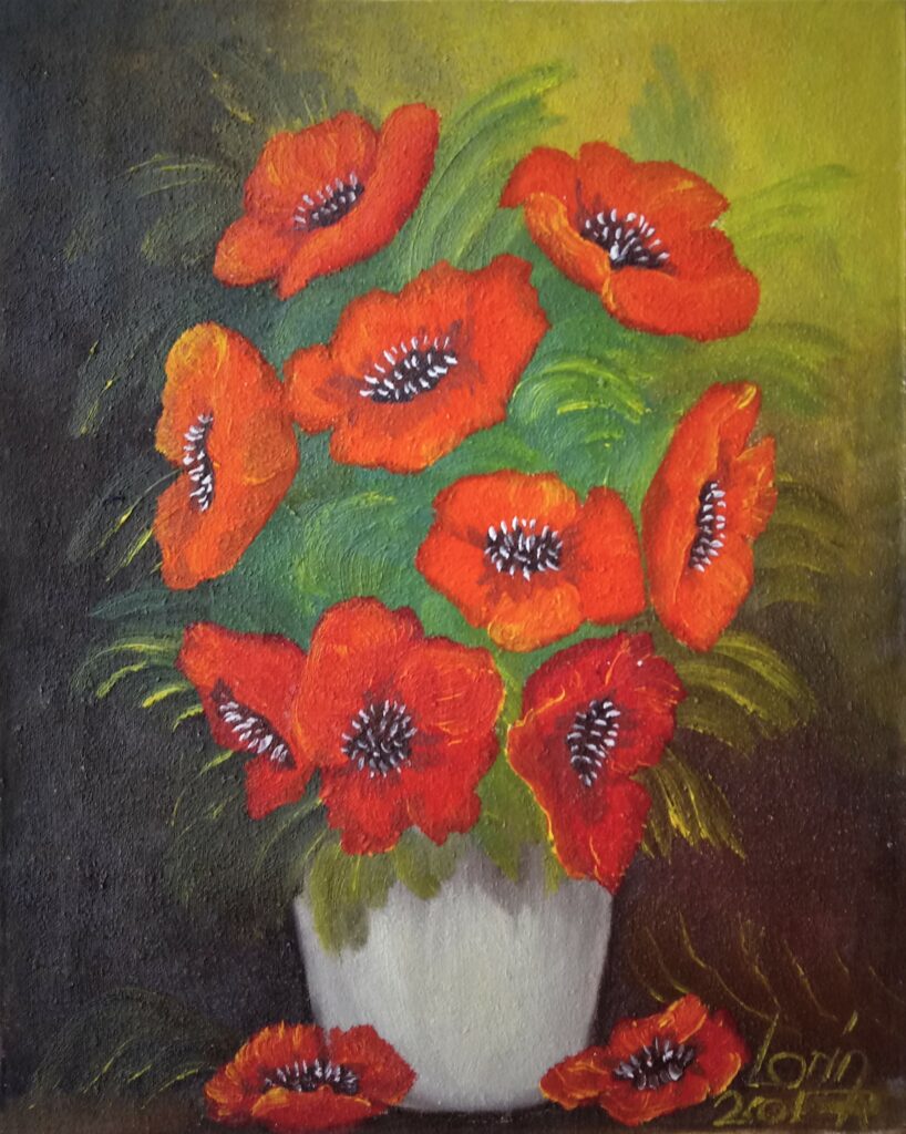 Huile sur toile vase fleurs de pavot 