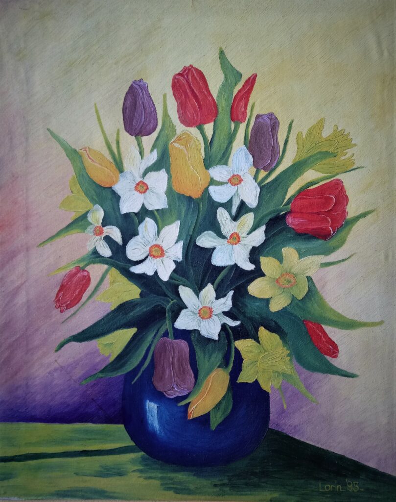 Huile sur toile vase fleurs de printemps