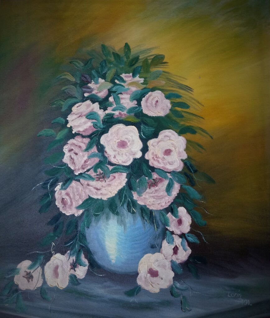 Huile sur toile vase roses blanches 