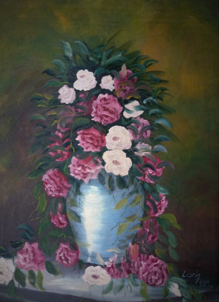 Huile sur toile vase roses blanches et roses 