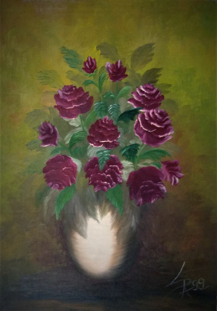 Huile sur toile vase roses 