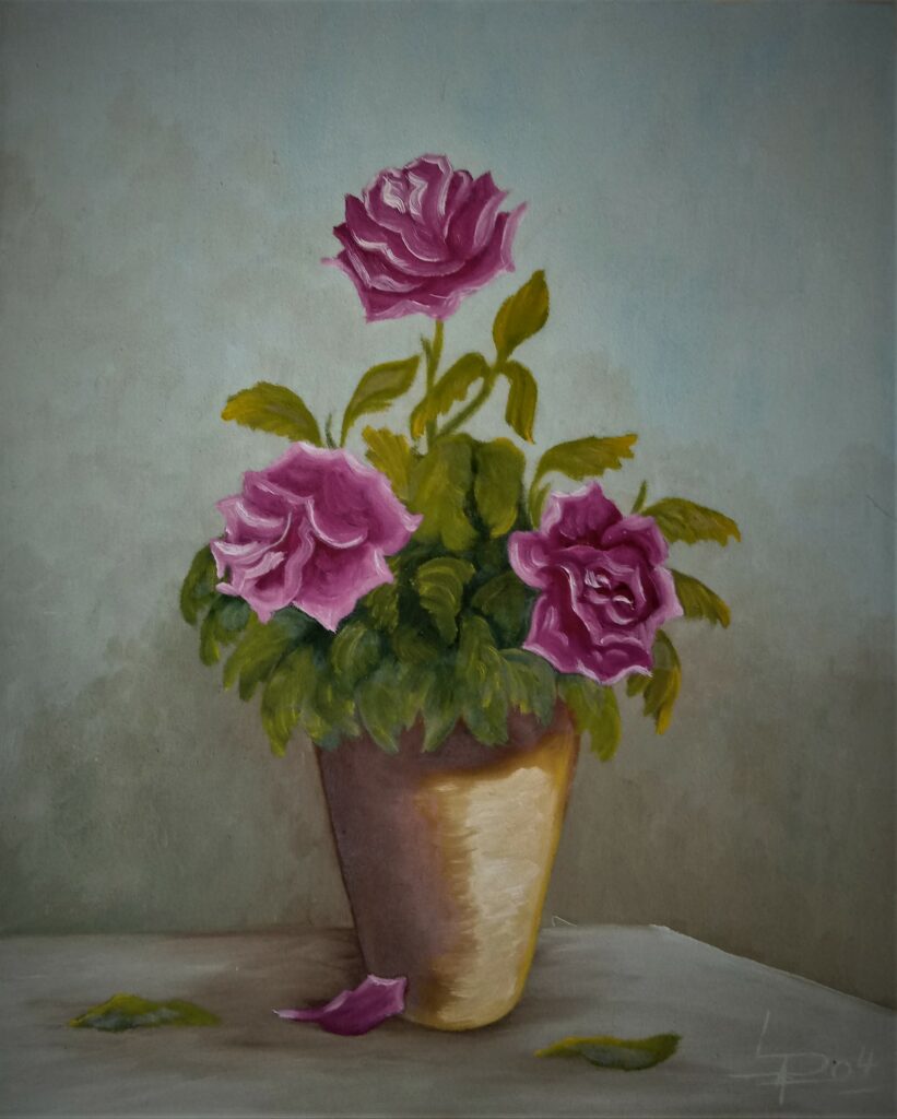Huile sur toile vase roses 