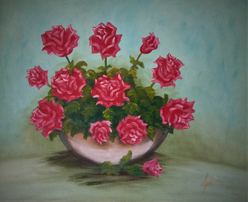 Huile sur toile vase roses rouges 